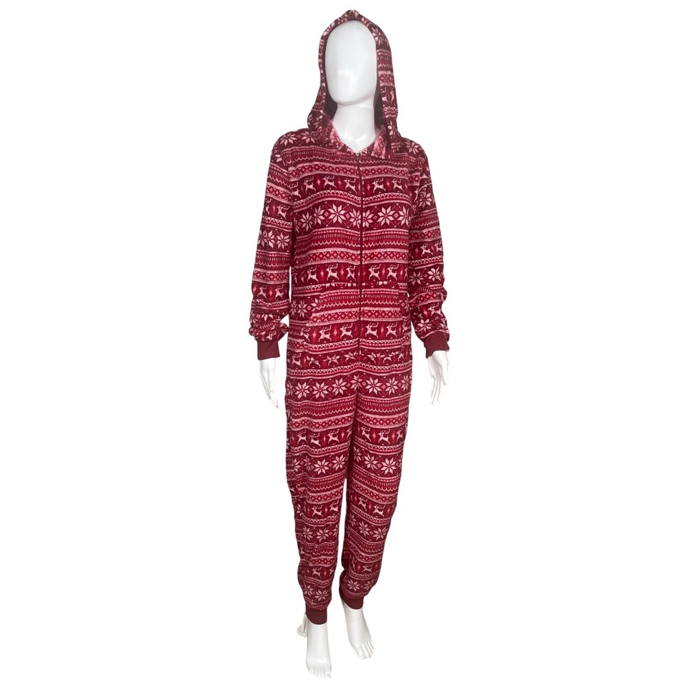 Medium Forever 21 Red Fair Isle Christmas Reindeer Hooded One Piece Pajamas NEW